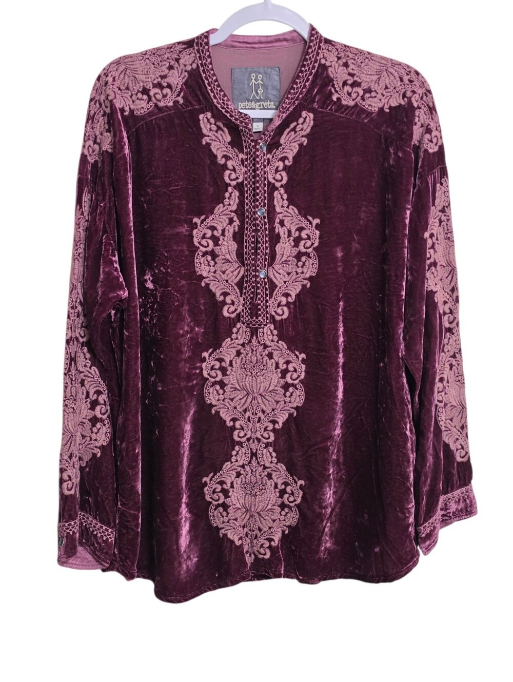 Pete & Greta Johnny Was Plum Berry Crushed Velvet Top S Ornate Embroidered